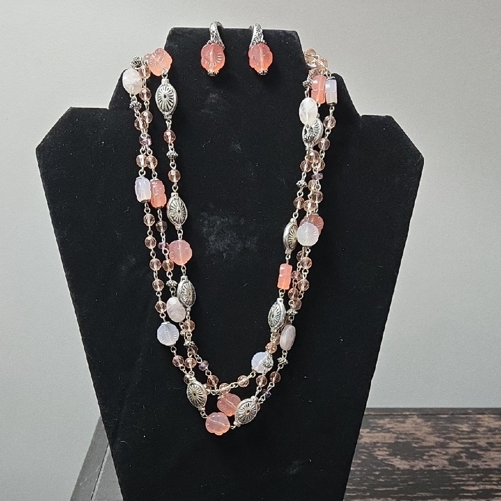 Avon Pink Lucite & Silver Toned Layered Necklace & Earring Set